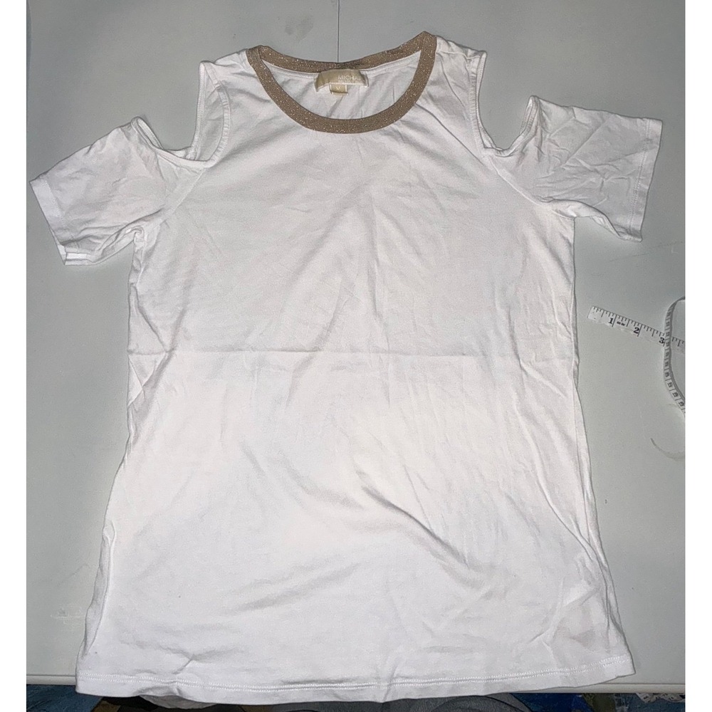 Michael Kors White Cut Out Shoulder Tee Gold Neckline Medium